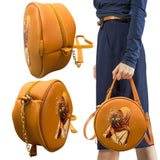 Round Retro Crossbody Handbag | Caramel Faux Leather with Artistic Print for Women Stylish artistic crossbody bag