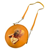 Round Retro Crossbody Handbag | Caramel Faux Leather with Artistic Print for Women Stylish artistic crossbody bag