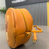 Round Retro Crossbody Handbag | Caramel Faux Leather with Artistic Print for Women Stylish artistic crossbody bag