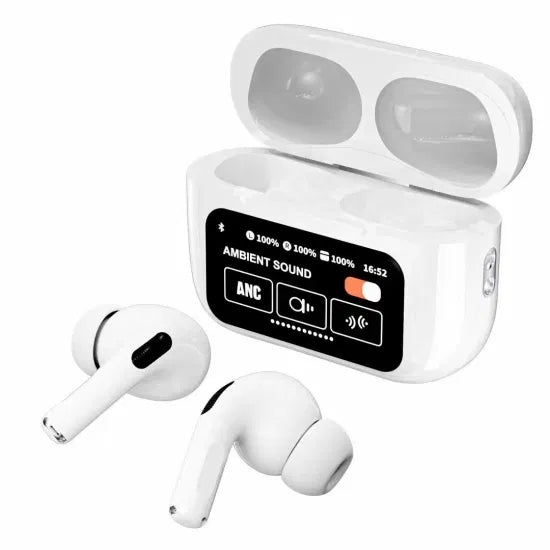 White A9 Pro ANC Bluetooth 5.4 Wireless Earbuds with Smart Screen and Active Noise Cancellation Smart ANC wireless earbuds