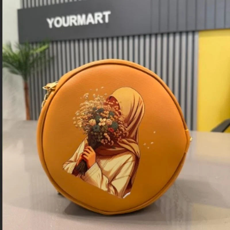 Round Retro Crossbody Handbag | Caramel Faux Leather with Artistic Print for Women Stylish artistic crossbody bag