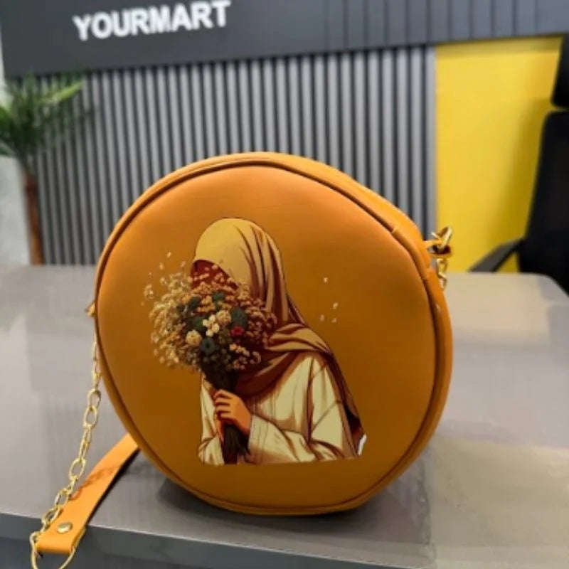 Round Retro Crossbody Handbag | Caramel Faux Leather with Artistic Print for Women Stylish artistic crossbody bag