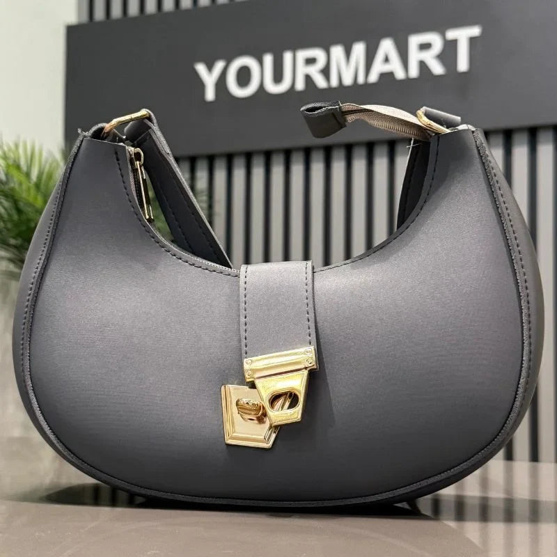 Crescent Luxury Faux Leather Shoulder Bag | Dark Gray Elegant Handbag for Women Stylish Gray Crescent Handbag