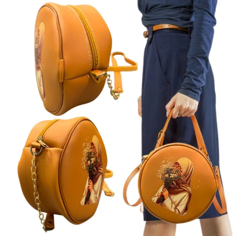 Round Retro Crossbody Handbag | Caramel Faux Leather with Artistic Print for Women Stylish artistic crossbody bag