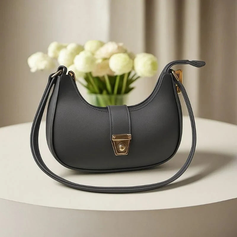 Crescent Luxury Faux Leather Shoulder Bag | Dark Gray Elegant Handbag for Women Stylish Gray Crescent Handbag